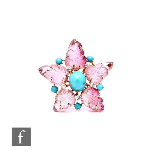 75 - An 18ct carved pink tourmaline, turquoise and diamond brooch modelled as a flower head, diameter 45m... 