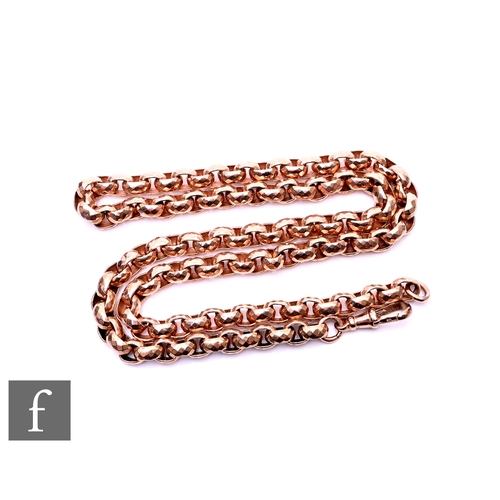 91 - A 9ct hallmarked modern rose gold faceted belcher link chain terminating in swivel clasp, weight 66g... 