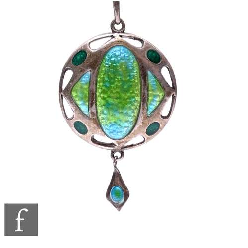 60 - An Arts and Crafts hallmarked silver and blue/green enamel decorated pendant, length 45mm, Birmingha... 