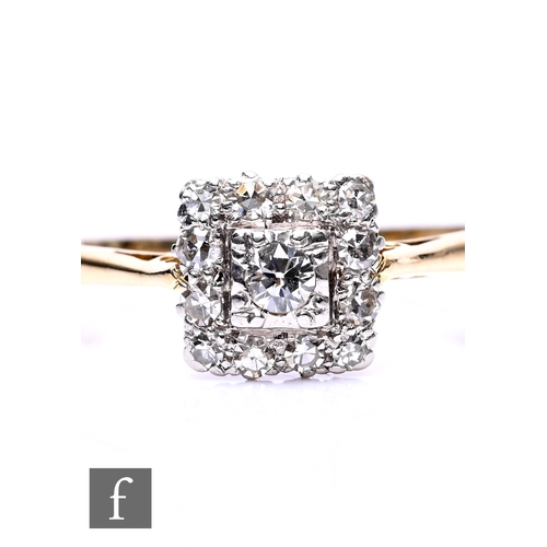 68 - An 18ct hallmarked diamond cluster ring, central brilliant cut diamond to a square diamond set head,... 