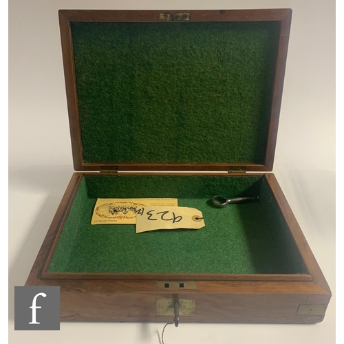 637 - A 19th Century oak pistol case with green felt divisioned interior, labelled James Woodward London, ... 