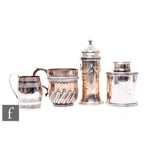 374 - Four items of Georgian and later hallmarked silver to include a tea caddy, a sugar castor and two sm... 