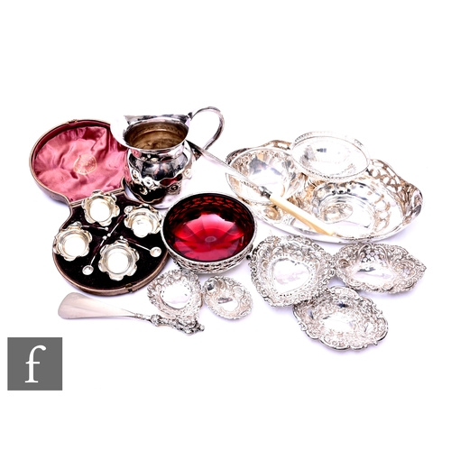 378 - A parcel lot of assorted hallmarked silver and silver plated items to include foliate embossed pin a... 