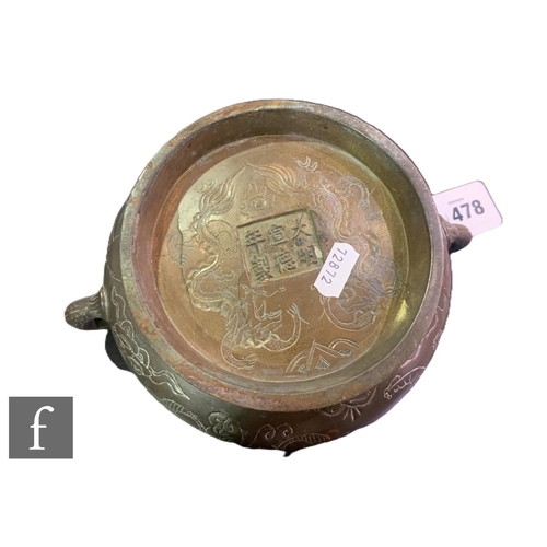 478 - A late Qing Dynasty Chinese bronze censer, of bombe form with loop handles and incised with figures ... 