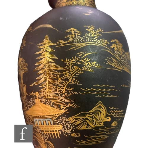 543 - A small pair of Japanese baluster vases painted with Mt Fuji, pagodas and river landscape scenes on ... 