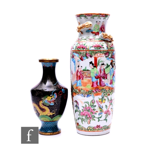 490 - A Chinese famile rose Canton vase, of slender form applied with gilt dragon design, height 26cm, tog... 