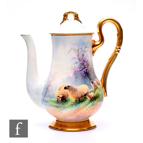 37 - A Royal Worcester painted coffee by Ernest Barker, circa 1930, footed baluster form, decorated in th... 