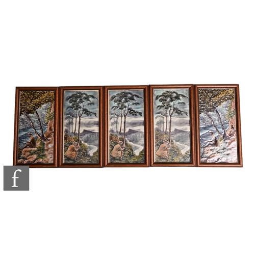 40 - Five late 19th Century 6 x 12 inch dust pressed Chromo-Relievo tiles, attributed to Gibbons Hinton &... 