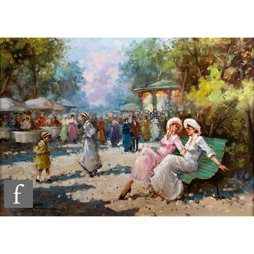 880 - TOMMASO PRINCIPE (ITALIAN, BORN 1942) - Figures in a park scene in spring, oil on canvas, signed, fr... 