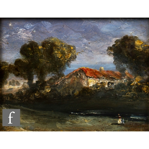 903 - SAMUEL PARROT (1797-1876) - Figures on a riverbank with farmhouse beyond, oil on board, signed, fram... 