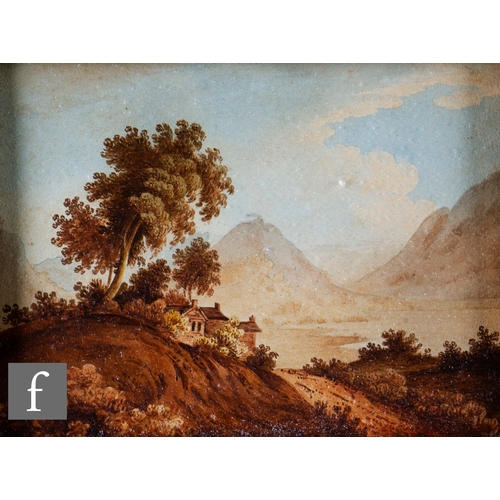 972 - ENGLISH SCHOOL (EARLY 19TH CENTURY) - Figures in an extensive river landscape, watercolour, framed, ... 