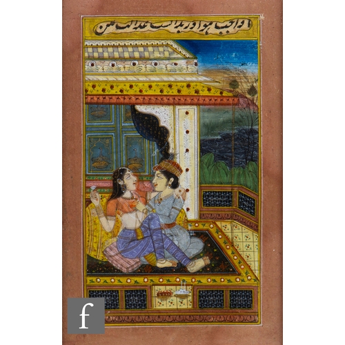 973 - MUGHAL SCHOOL (19TH CENTURY) - Lovers on a terrace, gouache, framed, 10cm x 6xm, frame size 28cm x 2... 