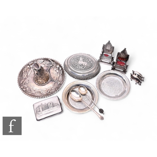 498 - Assorted white metal and silver items to include two miniature Coronation chairs, pin trays, a sombr... 