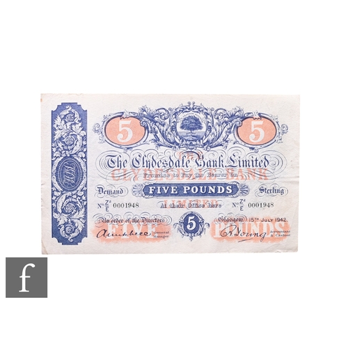 630 - Banknotes - A Clydesdale Bank Limited five pounds, 1942, No Z2 over E, 0001948.