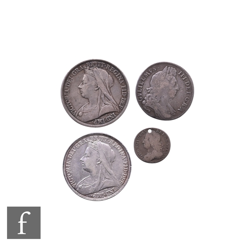 658 - William III to Victoria - A half crown 1696, a sixpence 1758 (holed) and two crowns 1893 and 1897. (... 