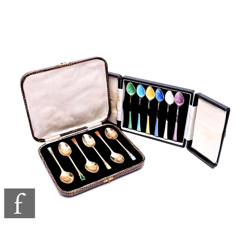 506 - Two cased sets of six silver and enamel coffee spoons, each in the Art Deco style, the first Birming... 