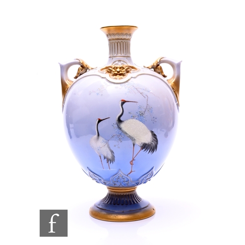 42 - A Royal Worcester shot enamel vase, circa 1900, of ovoid twin-handled form with ogee relief moulded ... 