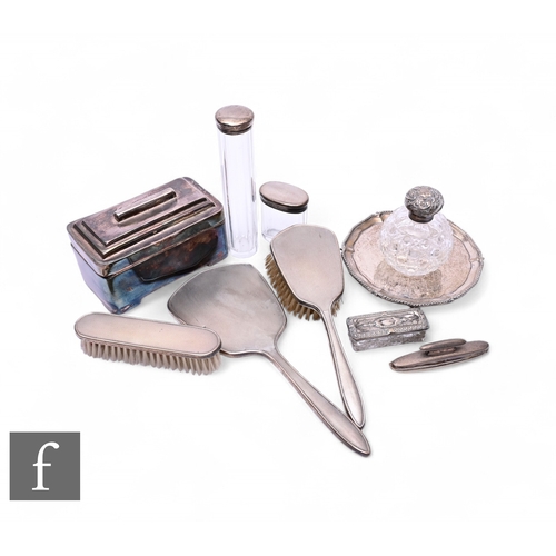 436 - A small collection of various silver hallmarked and plated items, to include three piece silver brus... 