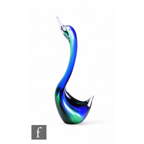 312 - A mid 20th Century Murano glass swan, clear glass over green and blue core, height 42.5cm.