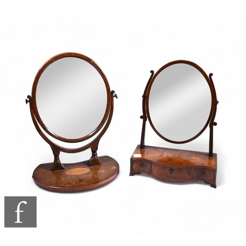 835 - A George III mahogany serpentine fronted toilet swing mirror with chequer strung borders and three d... 