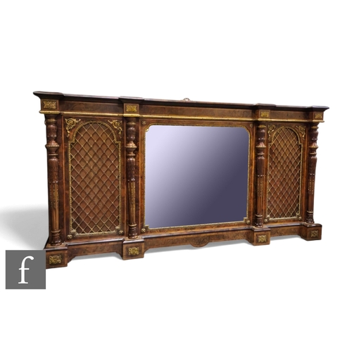 838 - A Victorian burr walnut and rosewood crossbanded break front credenza, with decorative pierced gilt ... 