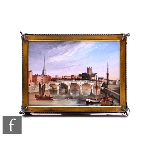 66 - A Victorian porcelain plaque, painted with a South facing view of Worcester Bridge over the River Se... 