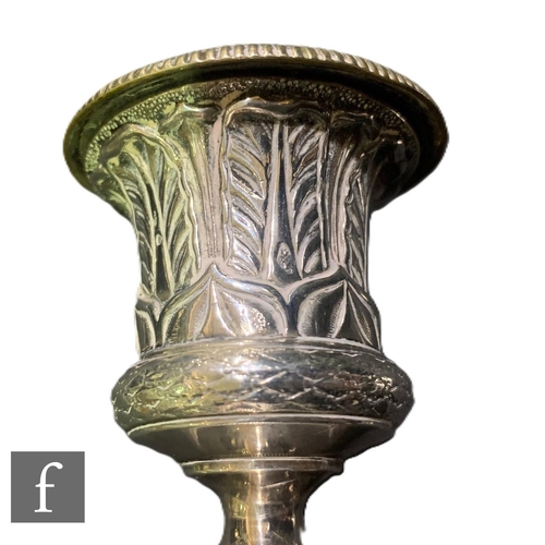 408 - A pair of French silver candlesticks, circa 1820, neo-classical style, tapered stem on circular foot... 