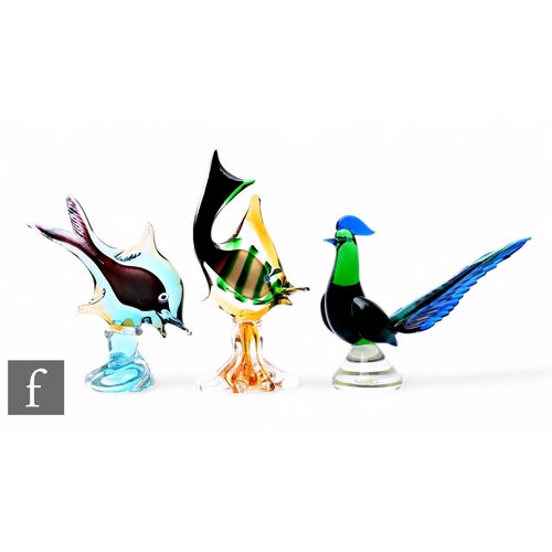 344 - A mid-Century Murano glass peacock, green glass body with blue glass comb and wings, elongated blue ... 