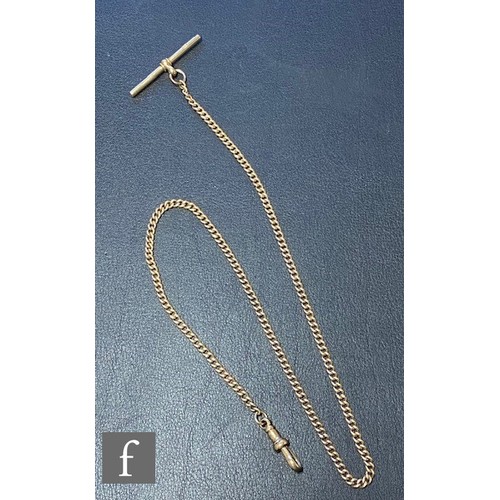 51 - An 18ct single curb link Albert chain terminating in T bar and end swivel, weight 13.5g, length 37cm... 