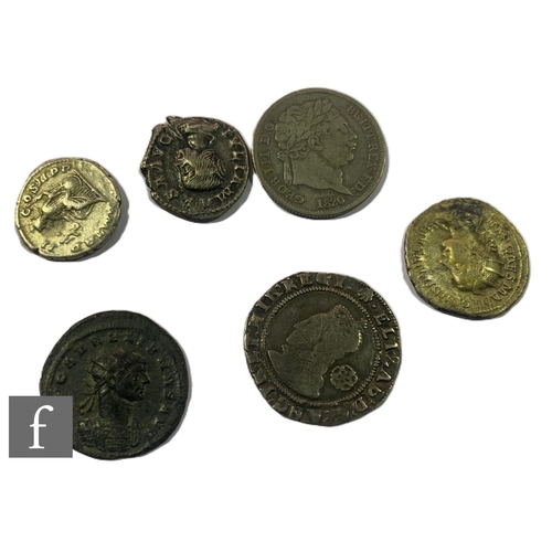 670 - Roman - Three silver denariuses various emperors, a 3rd Century Roman bronze coin, an Elizabeth I si... 