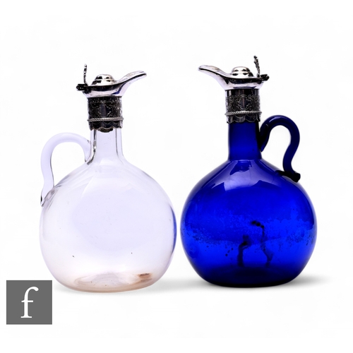 346 - A blue glass flagon with plated mounts, flattened spherical form with drawn neck and scroll handle, ... 