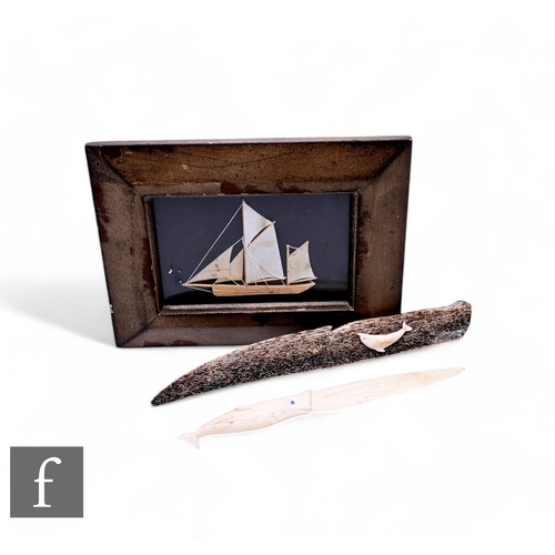 584 - A late 19th and early 20th century sailors art picture of a two masted barque, framed, and two whale... 