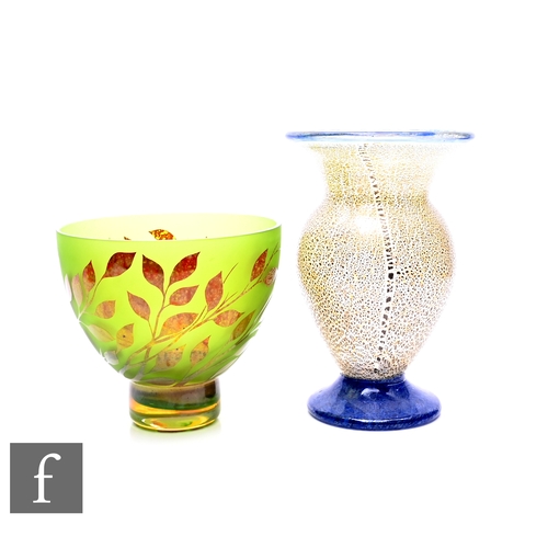 459 - A Murano Bavai glass vase, baluster footed form, foil inclusions and mottled blue glass foot and rim... 