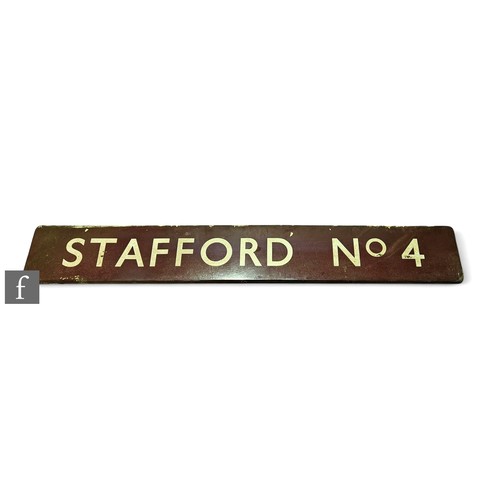 595 - A railway enamelled signal box sign 'Stafford No 4', cream in burgundy, width 31cm x length 213cm.