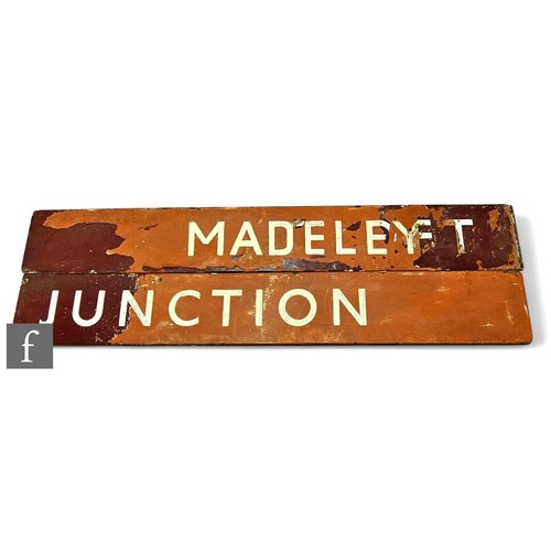 596 - Two over painted railway signal box signs 'Madeley', but concealing true lettering, and another 'Jun... 