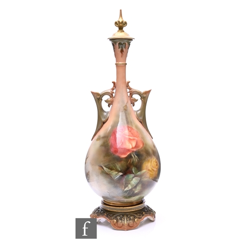 158 - Mary Eaton for Hadleys Worcester, a rose painted vase, circa 1900, of teardrop form with twin-foliat... 