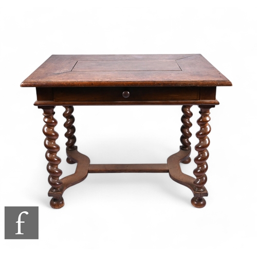 874 - An 18th Century oak side table, fitted with a single frieze drawer above bulbous barley twist turned... 