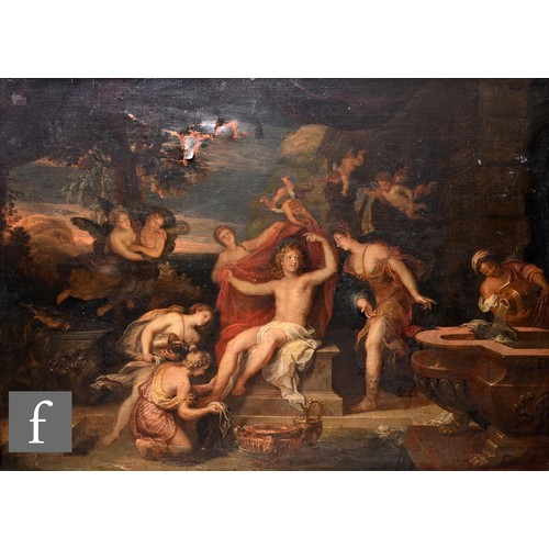 MANNER OF TIZIANO VECELLIO - TITIAN - An allegorical scene, believed to be The Judgement of Midas, oil on canvas, framed, 104cm x 148cm, frame size 120cm x 163cm.