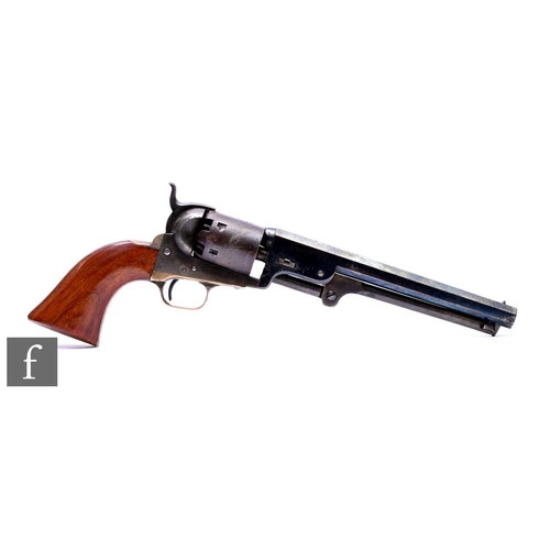 631 - A .44 Cal Colt Navy percussion revolver No 25679, 18.5cm octagonal barrel, naval scene to cylinder, ... 