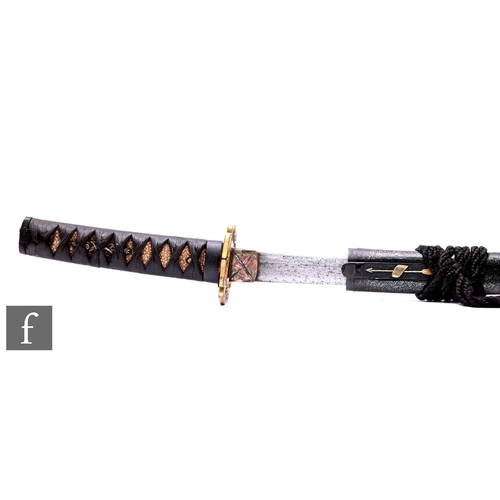 640 - A late 19th to early 20th Century Japanese Wakashi sword, 55cm blade, iron pierced gilt Tsuba decora... 