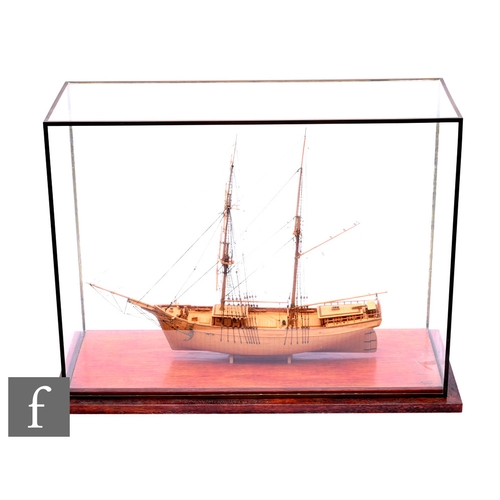 466 - A 20th Century wooden scale model of a two masted frigate, in glazed display case, 48cm x 62cm.