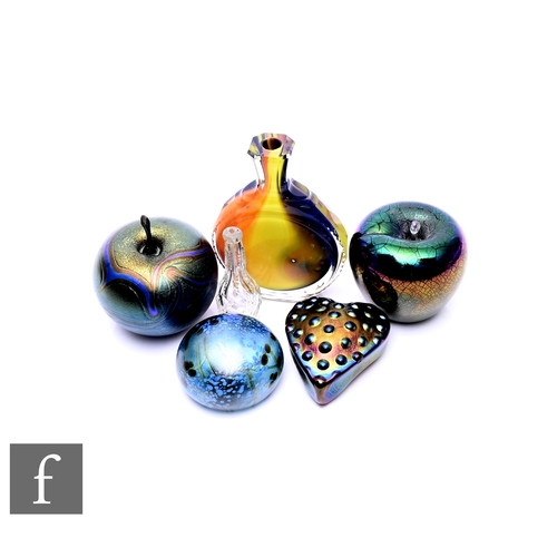 435 - A Paul C Brown iridescent paperweight, apple form with cast metal stalk, height 7cm, a similar paper... 