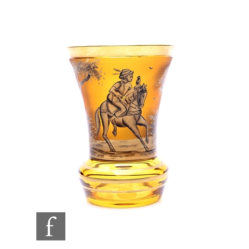 445 - A 20th Century Bohemian amber glass beaker in the style of Egermann, decorated en grisaille with a f... 