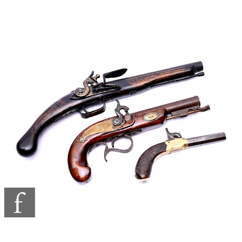 646 - A 19th Century pocket pistol, 7.5cm twist off octagonal barrel, a replica percussion pistol and a re... 