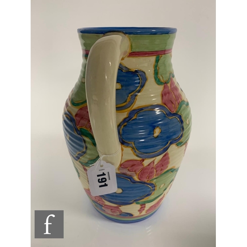 191 - A Clarice Cliff Blue Chintz single handled 12 inch Lotus jug circa 1932, hand painted in the Blue Ch... 