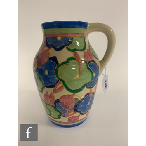 192 - A Clarice Cliff Blue Chintz 10 inch size single handled Lotus jug circa 1932, hand painted with styl... 