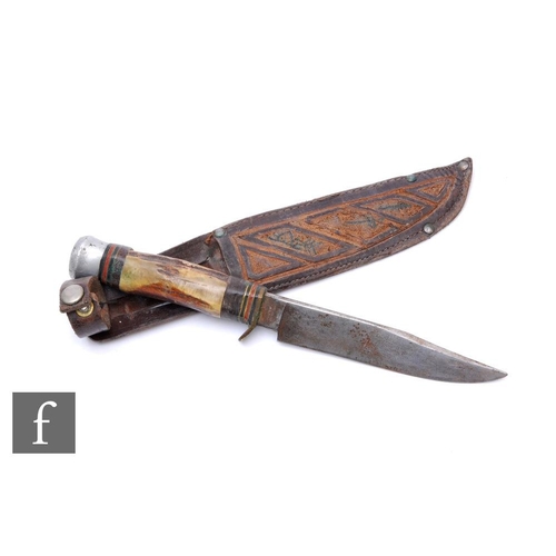 654 - A small early Bowie or Scout knife by William Rogers, horn handle with leather sheath, 12cm blade, s... 