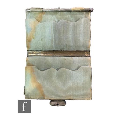 573 - A 19th century mother of pearl card case, mounted with a silver cartouche within a banded border.