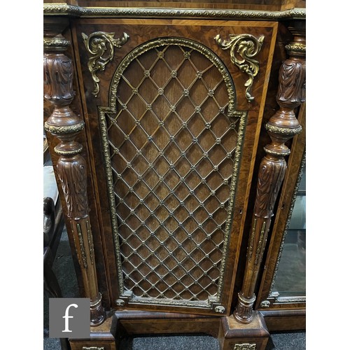 838 - A Victorian burr walnut and rosewood crossbanded break front credenza, with decorative pierced gilt ... 