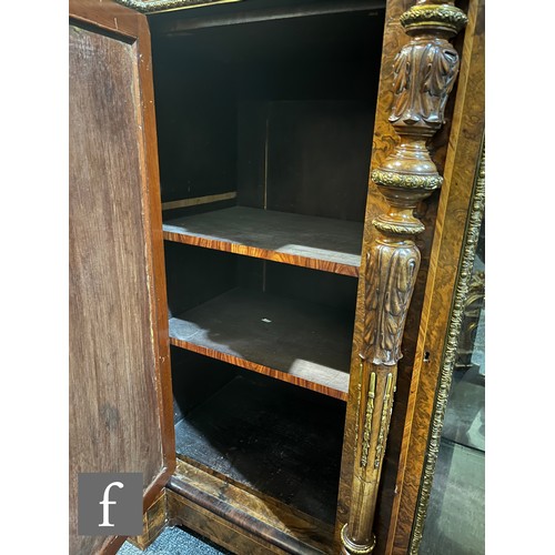 838 - A Victorian burr walnut and rosewood crossbanded break front credenza, with decorative pierced gilt ... 